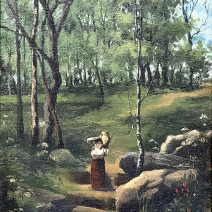 19th Century Antique Landscape Oil Painting "Woman Carryingpail" Small Art Holland Art Shop