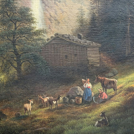 19th Century Antique Landscape Oil Painting "Waterfall Cliff" Art Holland Art Shop