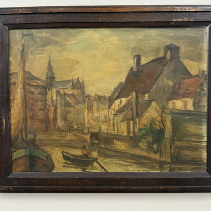 Vintage Cityscape Oil Painting "Canal Boat" Original Artwork Holland Art Shop
