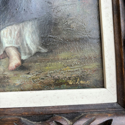 Vintage Figurative Oil Painting "Woman Helping" Expressive Small Art Holland Art Shop