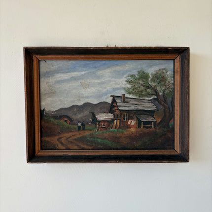 Vintage Interior Oil Painting "Log Cabin" Authentic Small Art Holland Art Shop