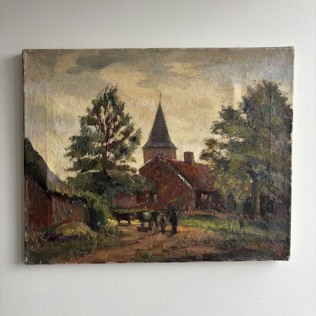 1935 Cityscape Oil Painting "Village Church" Belgique Art Holland Art Shop