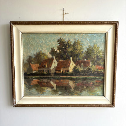 Rustic Landscape Oil Painting "River Houses" Handcrafted Art Holland Art Shop