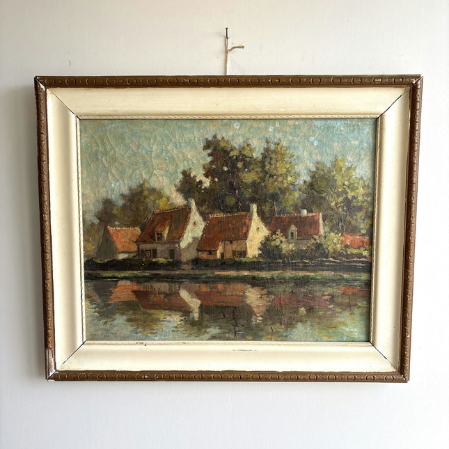 Rustic Landscape Oil Painting "River Houses" Handcrafted Art Holland Art Shop