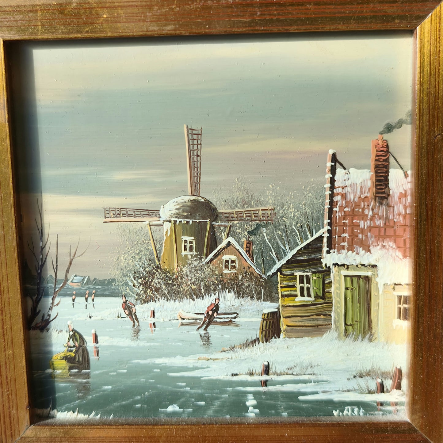 Authentic “Winter Village” Framed Oil Painting Snowy Windmill European Scene