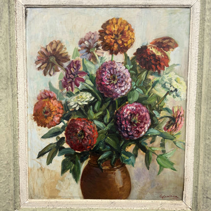 Elegant Floral Still Life Oil Painting "Zinnia Bouquet" Vintage Large Artwork Holland Art Shop