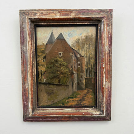 1909 Antique Scenery Oil Painting "Thatched Cottage" Small Art Holland Art Shop