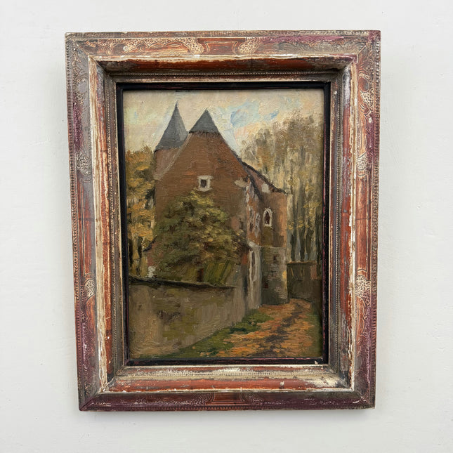 1909 Antique Scenery Oil Painting "Thatched Cottage" Small Art Holland Art Shop