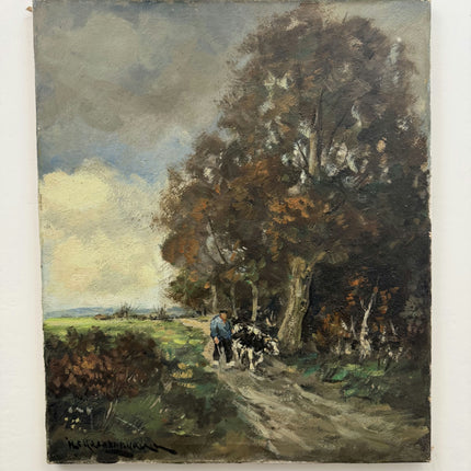 Vintage Landscape Oil Painting "Man With Cow" Elegant Art Holland Art Shop