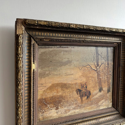 19th Century Antique Winter Landscape Oil Painting "Mounted Frame" Small Artwork Holland Art Shop