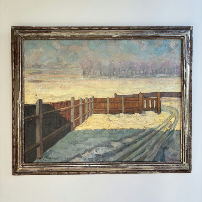 Refined Winter Landscape Oil Painting "Wooden Fence" Vintage Large Artwork Holland Art Shop
