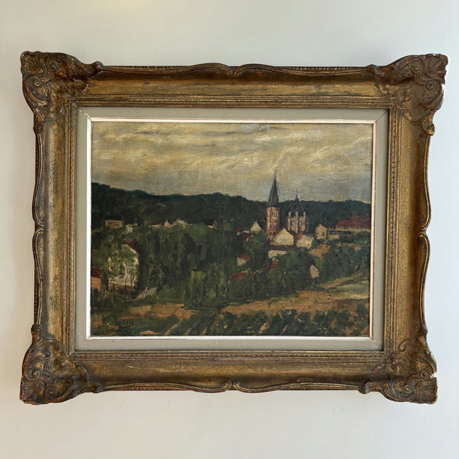 Antique Landscape Oil Painting "Village Church" Authentic Large Artwork Holland Art Shop