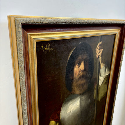 19th Century Antique Portrait Oil Painting "Armored Guard" Large Artwork Holland Art Shop