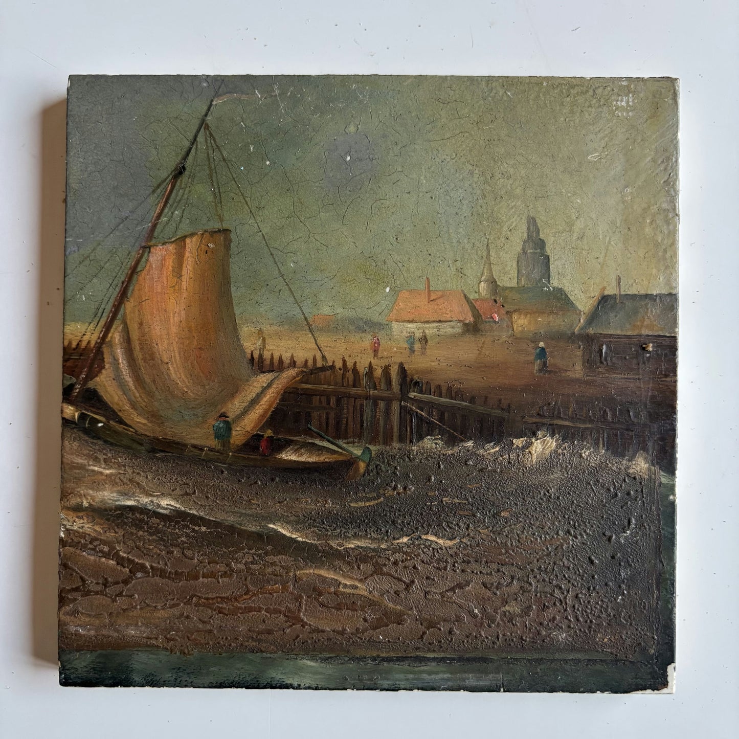 19th Century Oil on Tile Tranquil Harbor Boat And Village Antique