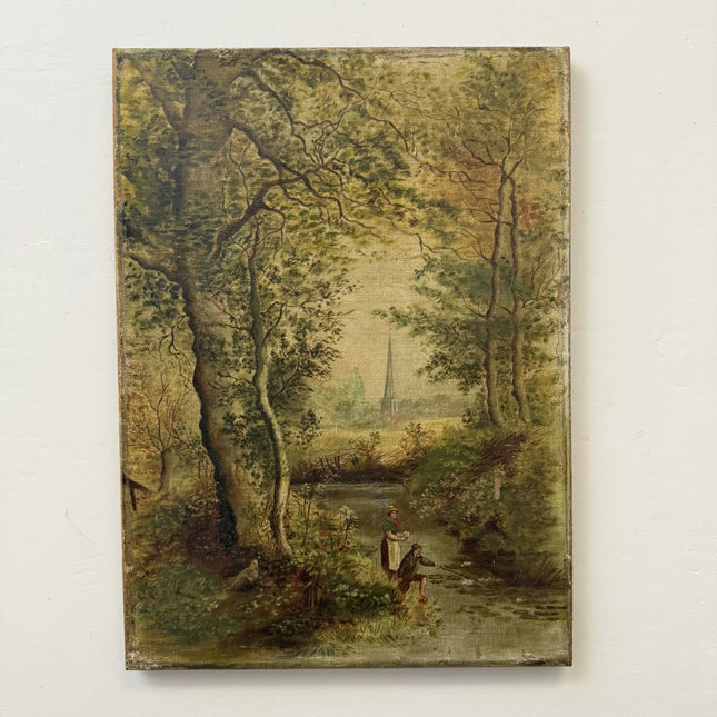 19th Century Antique Landscape Oil Painting "Fishing Man" Small Artwork Holland Art Shop