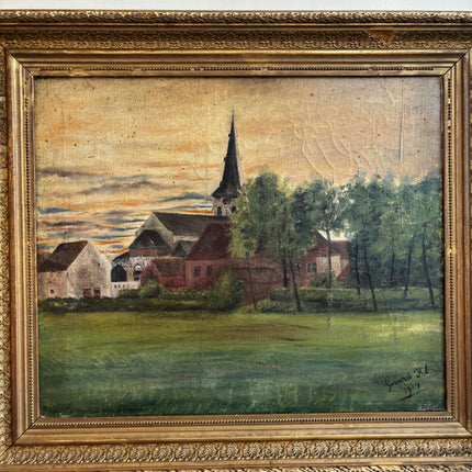 1914 Antique Landscape Oil Painting "Village Church" Art Holland Art Shop