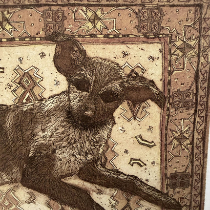 Original Animals etching "Resting Dog" Rustic Small Art Holland Art Shop