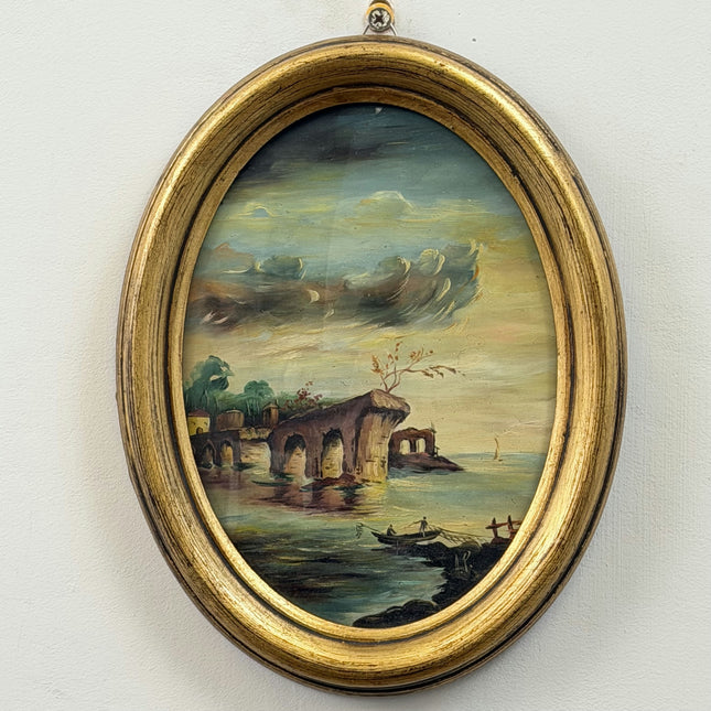 Original Harbor Scene Oil Painting "Coastal Ruins" Vintage Small Artwork Holland Art Shop