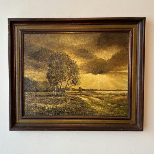 Intriguing Landscape Oil Painting "Golden Sunset Tree" Vintage Netherlands Art