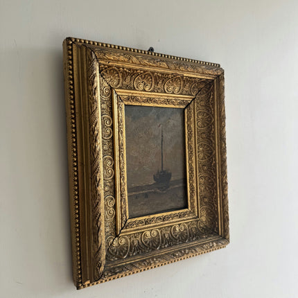 19th Century Antique Seascape Oil Painting "Gilded Frame" Small Art Holland Art Shop