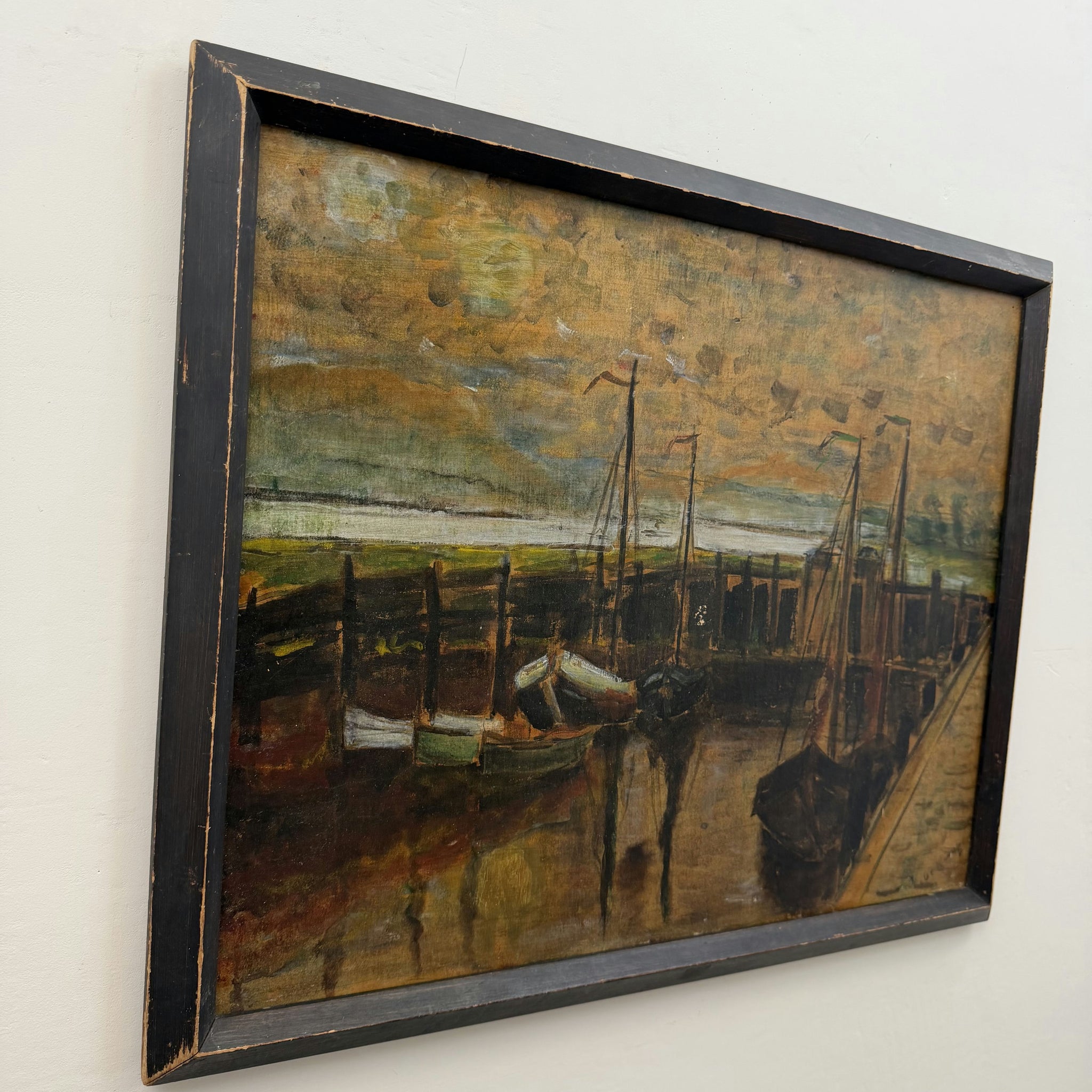 1864 Antique Harbor Scene Oil Painting 
