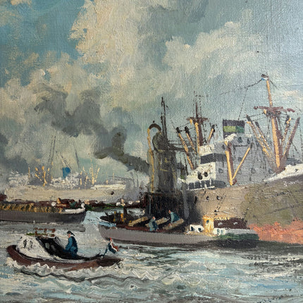 Vintage Harbor Scene Oil Painting "Cargo Ship" Handcrafted Art Holland Art Shop