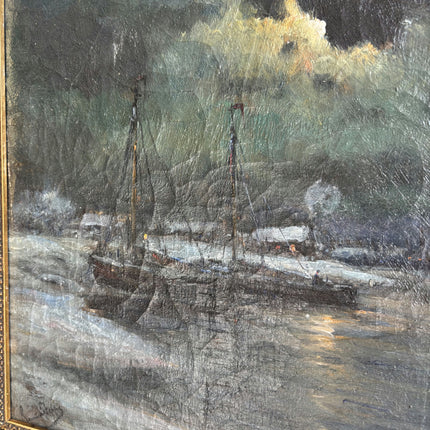 Romain Steppe Elegant Harbor Scene Oil Painting "Sailboat Moon" Rustic Artwork Holland Art Shop