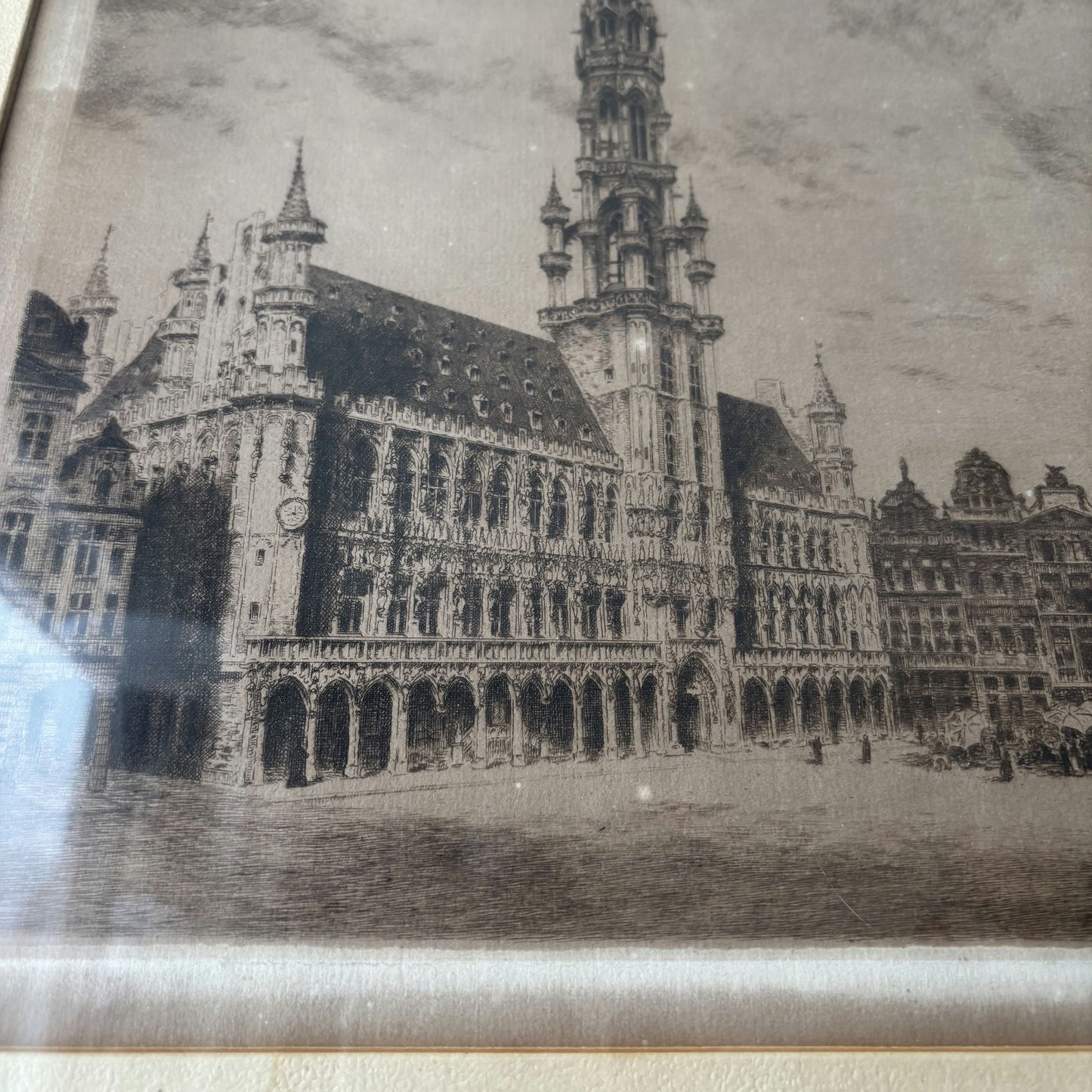 Vintage Cityscape Etching "Town Hall Tower" Original Medium Art