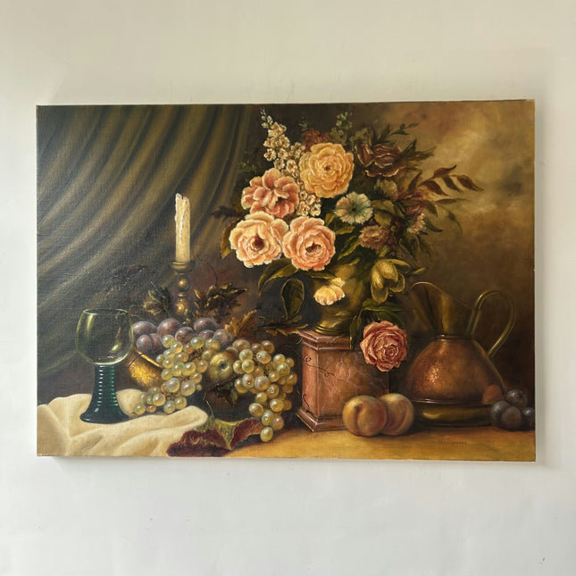 Rustic Floral Still Life Oil Painting "Peach Roses" Detailed Art Holland Art Shop