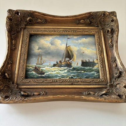 19th Century Antique Seascape Oil Painting "Sailing Boat" Small Artwork Holland Art Shop