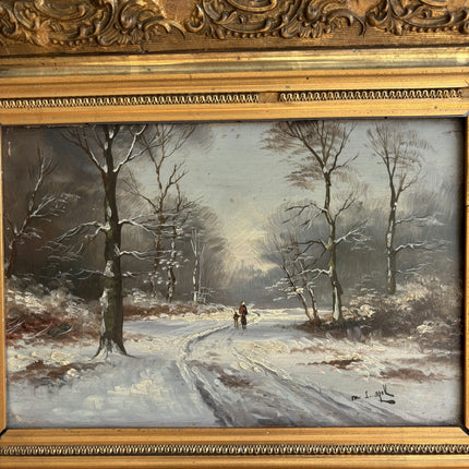 19th Century Antique Winter Landscape Oil Painting "Snow Path" Small Art Holland Art Shop