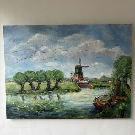 Detailed Landscape Oil Painting "Country Windmill" Refined Large Artwork Holland Art Shop
