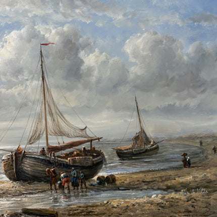 Vintage Seascape Oil Painting "Fishing Boat" Original Large Artwork Holland Art Shop