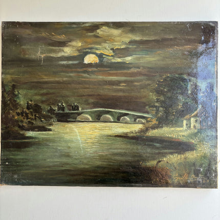 1915 Antique Landscape Oil Painting "Stone Bridge" French Artwork Holland Art Shop