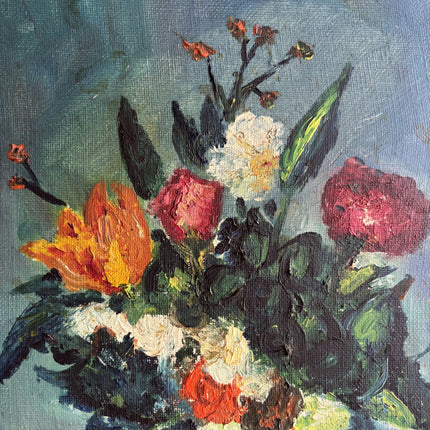Vintage Floral Still Life Oil Painting "Blue Vase" Rustic Small Artwork Holland Art Shop