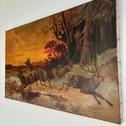 1921 Antique Animals Oil Painting "Running Stags" Art Holland Art Shop
