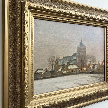 1938 Cityscape Oil Painting "Snow Village" Artwork Holland Art Shop