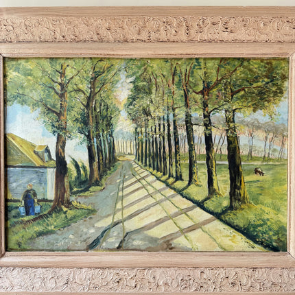 Handcrafted Landscape Oil Painting "Tree Lined Path" Rustic Belgique Artwork Holland Art Shop