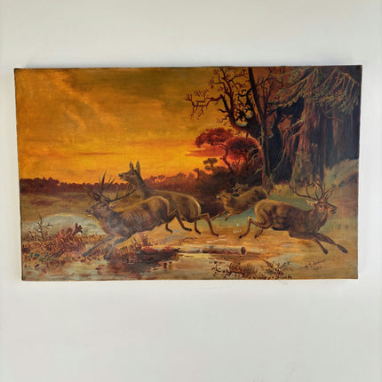 1921 Antique Animals Oil Painting "Running Stags" Art Holland Art Shop