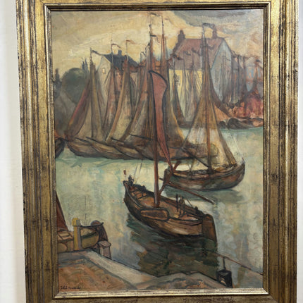John. d. Hendrix Traditional Harbor Scene Oil Painting "Harbor Boats" Large Art Holland Art Shop