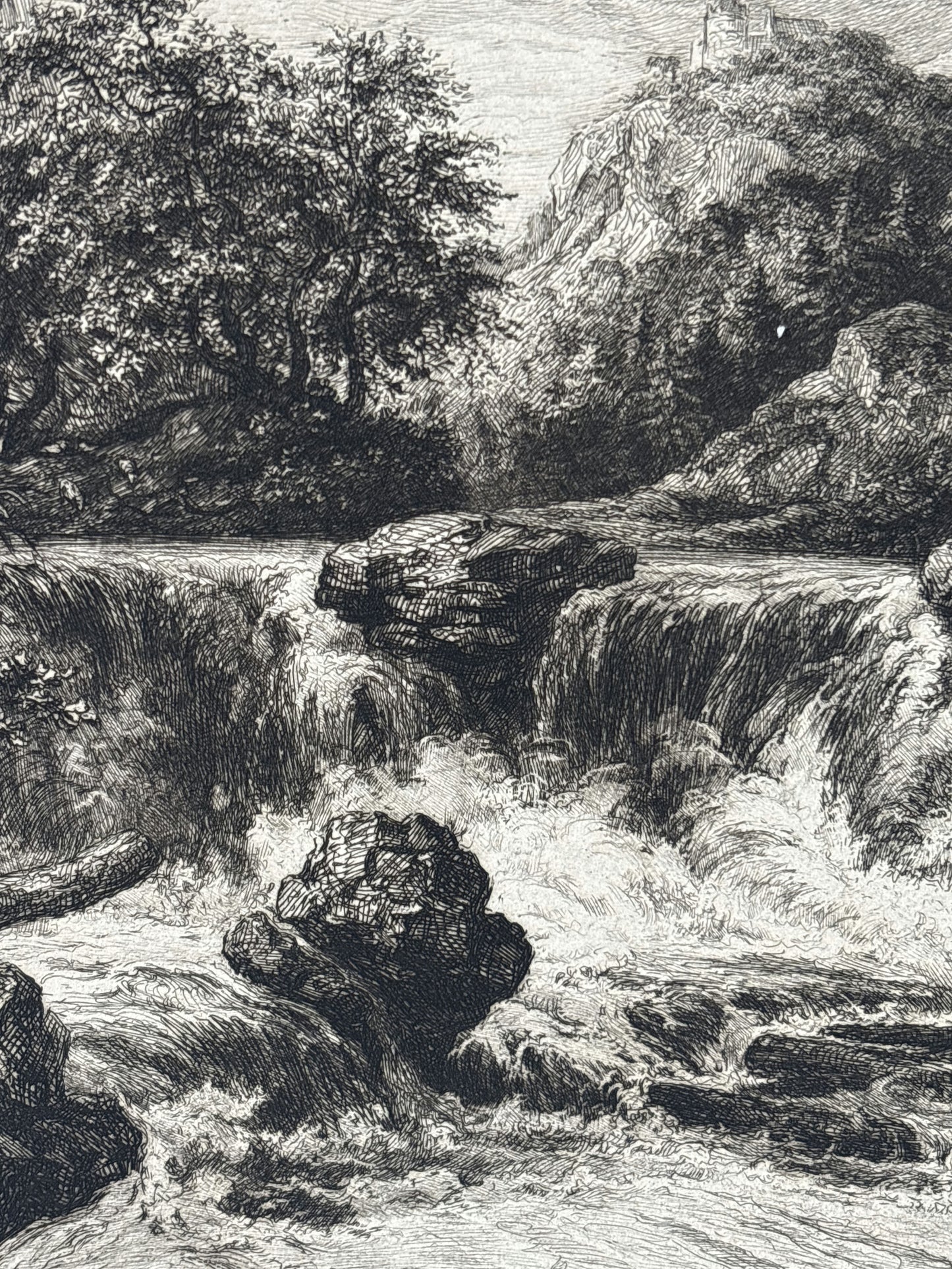 Wonderful Landscape Etching "Rushing Waterfall" Vintage Small Artwork