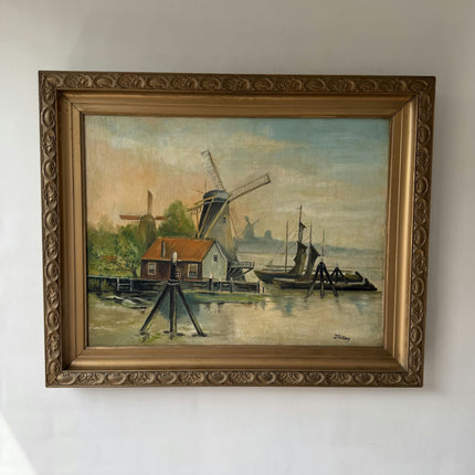 Vintage Landscape Oil Painting "Sailing Windmill" Expressive Large Artwork Holland Art Shop