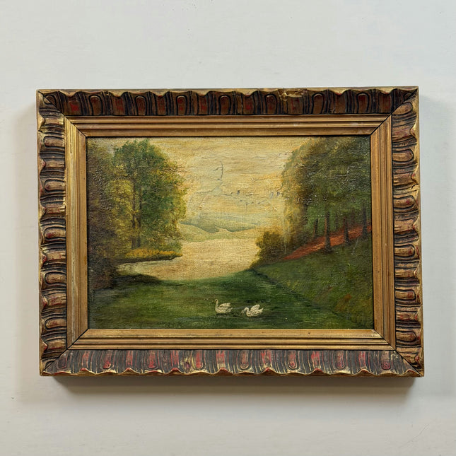 19th Century Antique Landscape Oil Painting "Pair Of Swans" Art Holland Art Shop