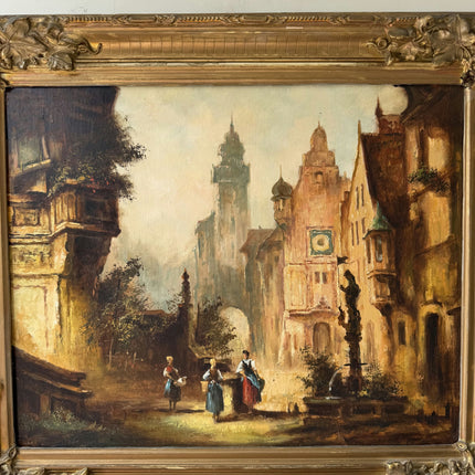 19th Century Antique Cityscape Oil Painting "Town Street" Large Art Holland Art Shop