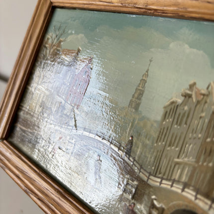 Fine Oil Painting Cityscape "Ice Skating Scene" Vintage Small Artwork Holland Art Shop