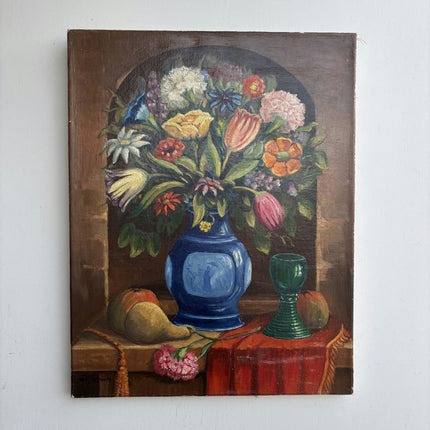 Detailed Floral Still Life Oil Painting "Blue Vase" Vintage Art Holland Art Shop