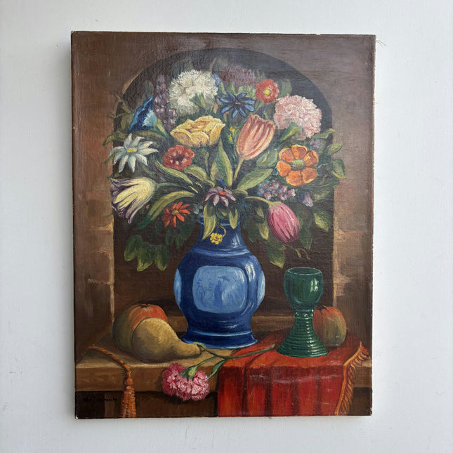 Detailed Floral Still Life Oil Painting "Blue Vase" Vintage Art Holland Art Shop