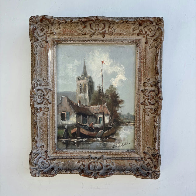 Classic Harbor Scene Oil Painting "Fishing Boat" Handcrafted Small Art Holland Art Shop