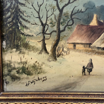 19th Century Antique Winter Landscape Oil Painting "Gilded Frame" Small Art Holland Art Shop