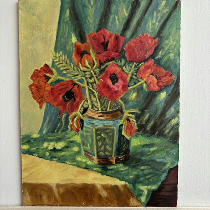 Rustic Floral Still Life Oil Painting "Poppy Vase" Timeless Small Artwork Holland Art Shop